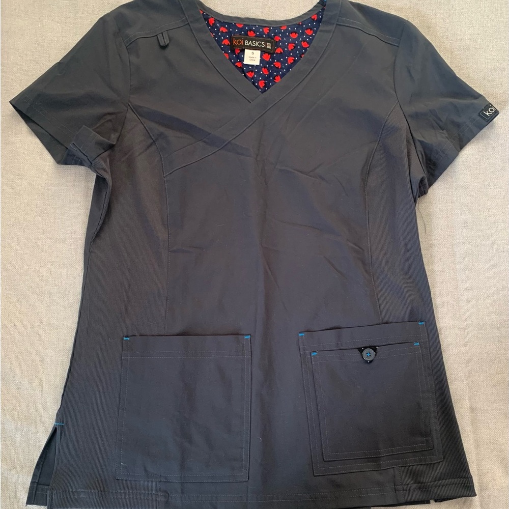 Koi Basics Women's Grey Scrub Top with Blue Stitching